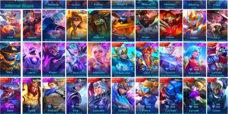 ML634 Valir Legend Infernal Blaze, Collector Natalia and Jawhead, Sasuke Collaboration, Neobeast Ling, Aspirant Chang’e and Layla, 362 Skins (G)